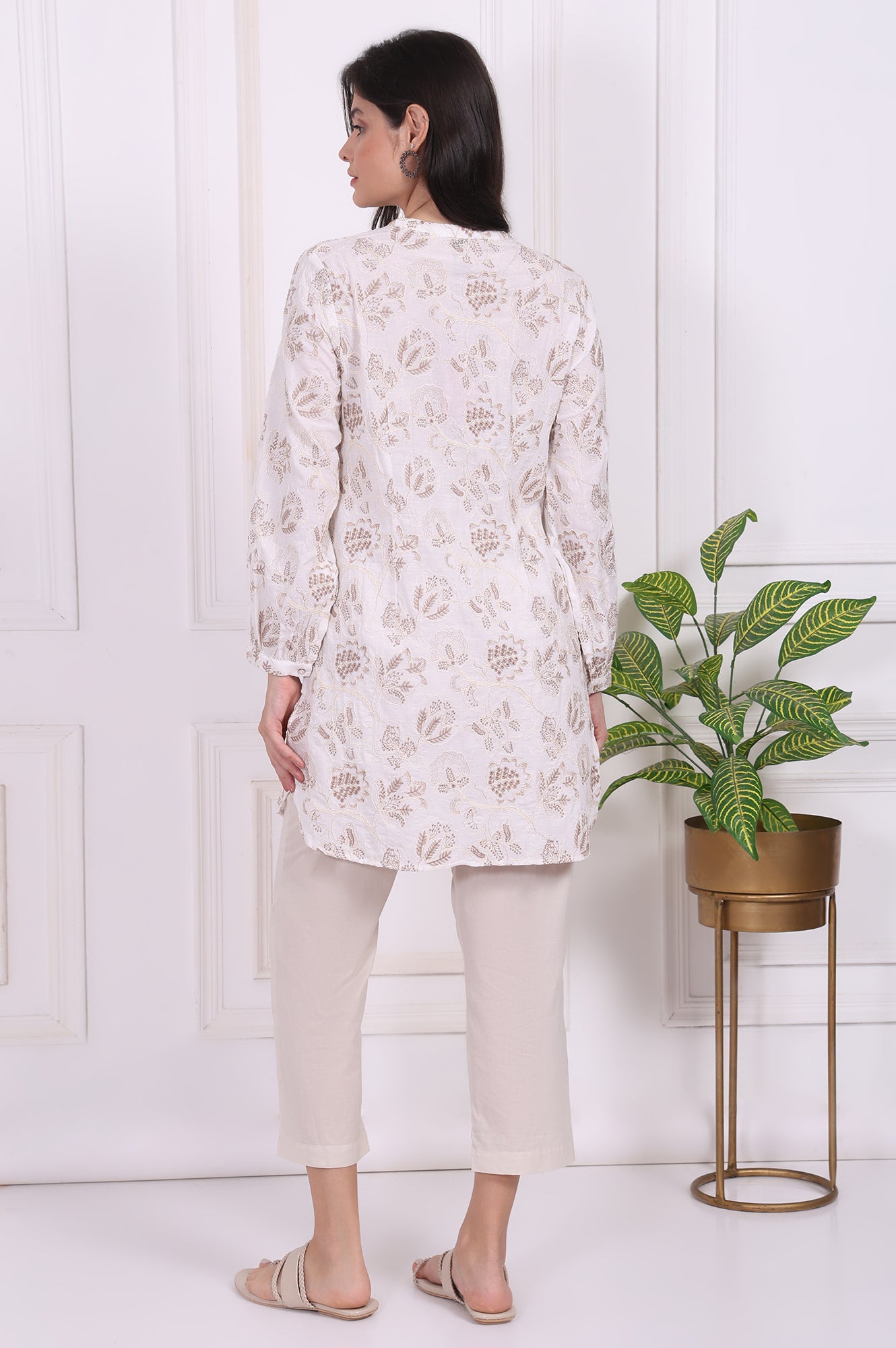 White Thread Embroidered Rayon Straight Tunic