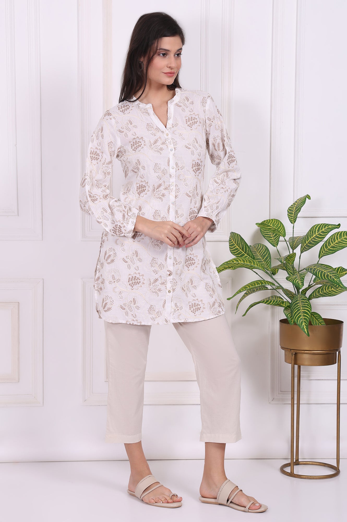 White Thread Embroidered Rayon Straight Tunic