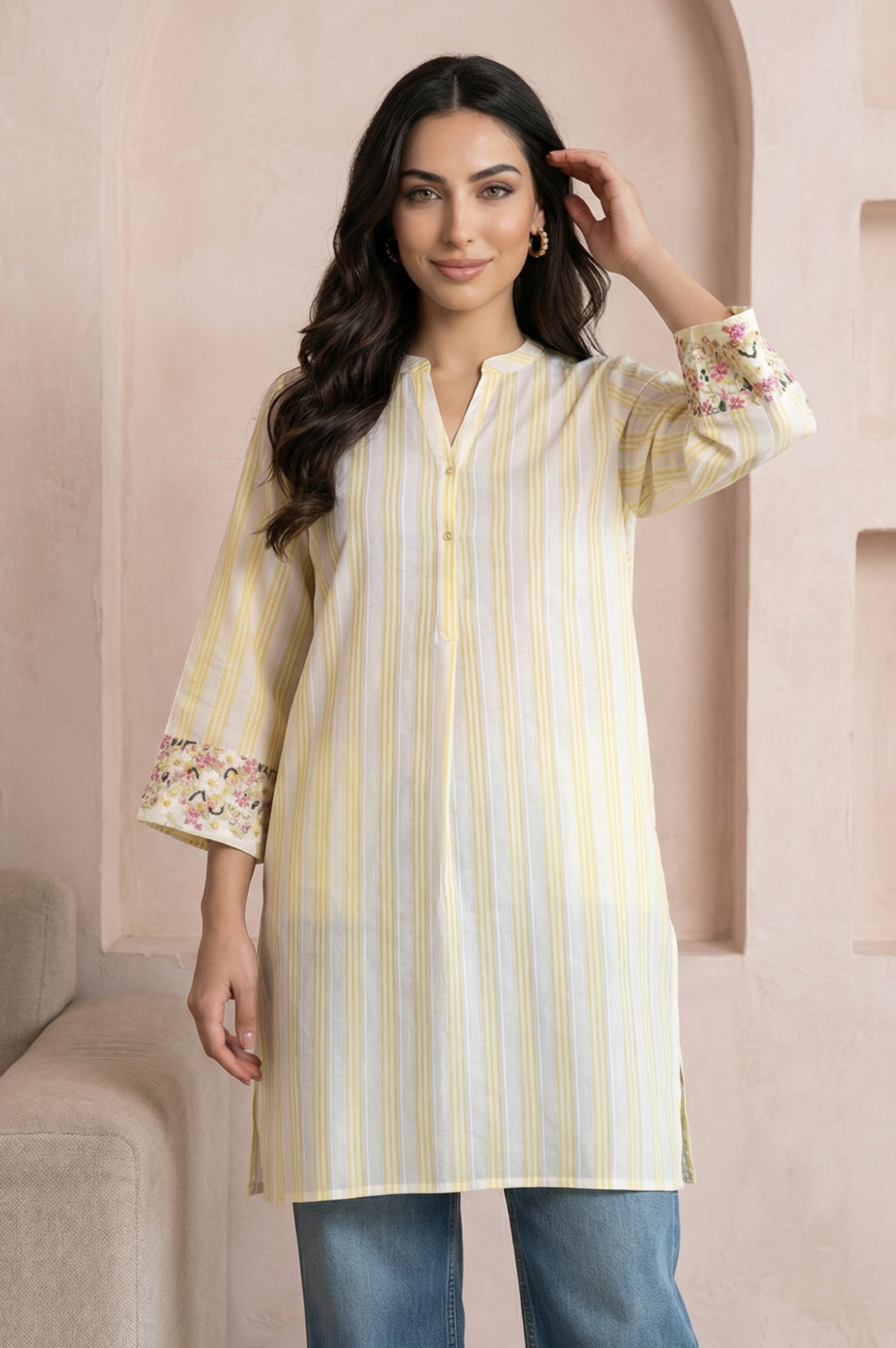 Off White and Yellow Striped Pure Cotton Straight Tunic