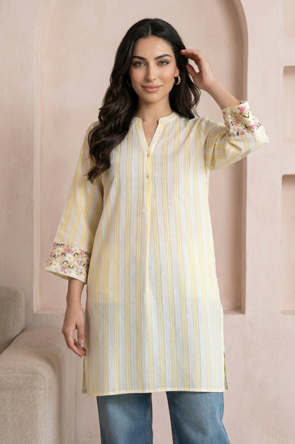 Off White and Yellow Striped Pure Cotton Straight Tunic