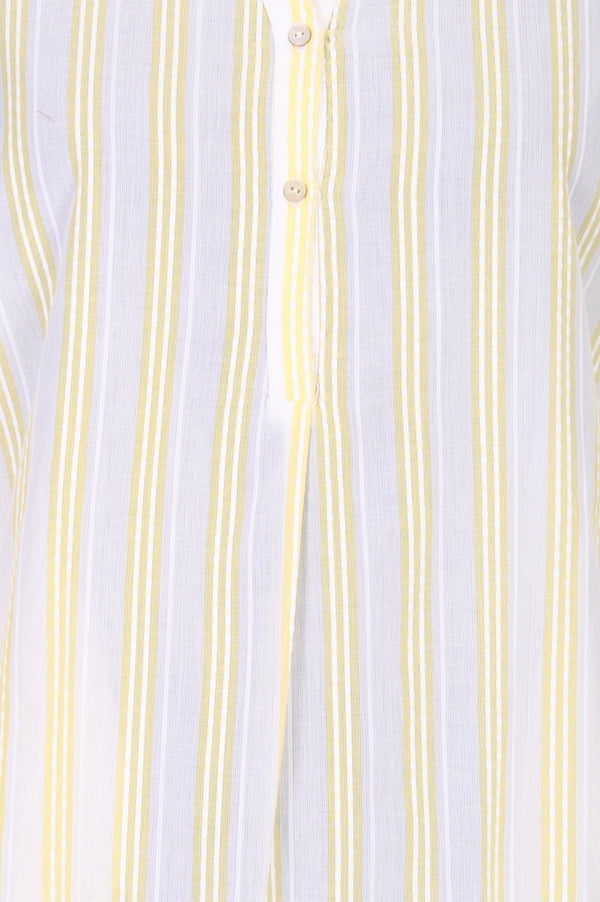Off White and Yellow Striped Pure Cotton Straight Tunic