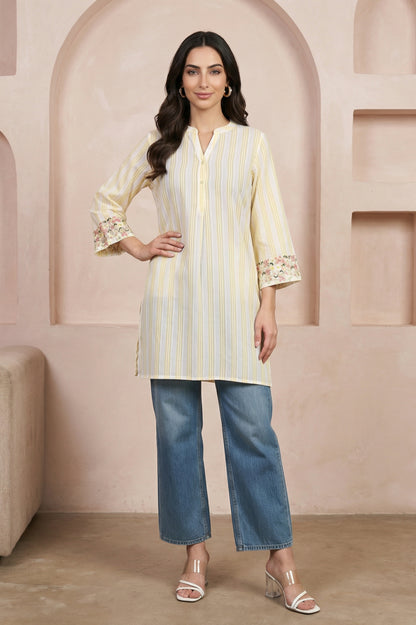 Off White and Yellow Striped Pure Cotton Straight Tunic