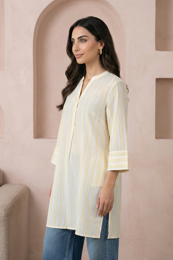 Off White and Yellow Striped Pure Cotton Straight Tunic