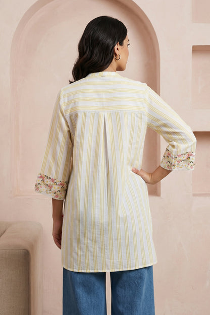Off White and Yellow Striped Pure Cotton Straight Tunic