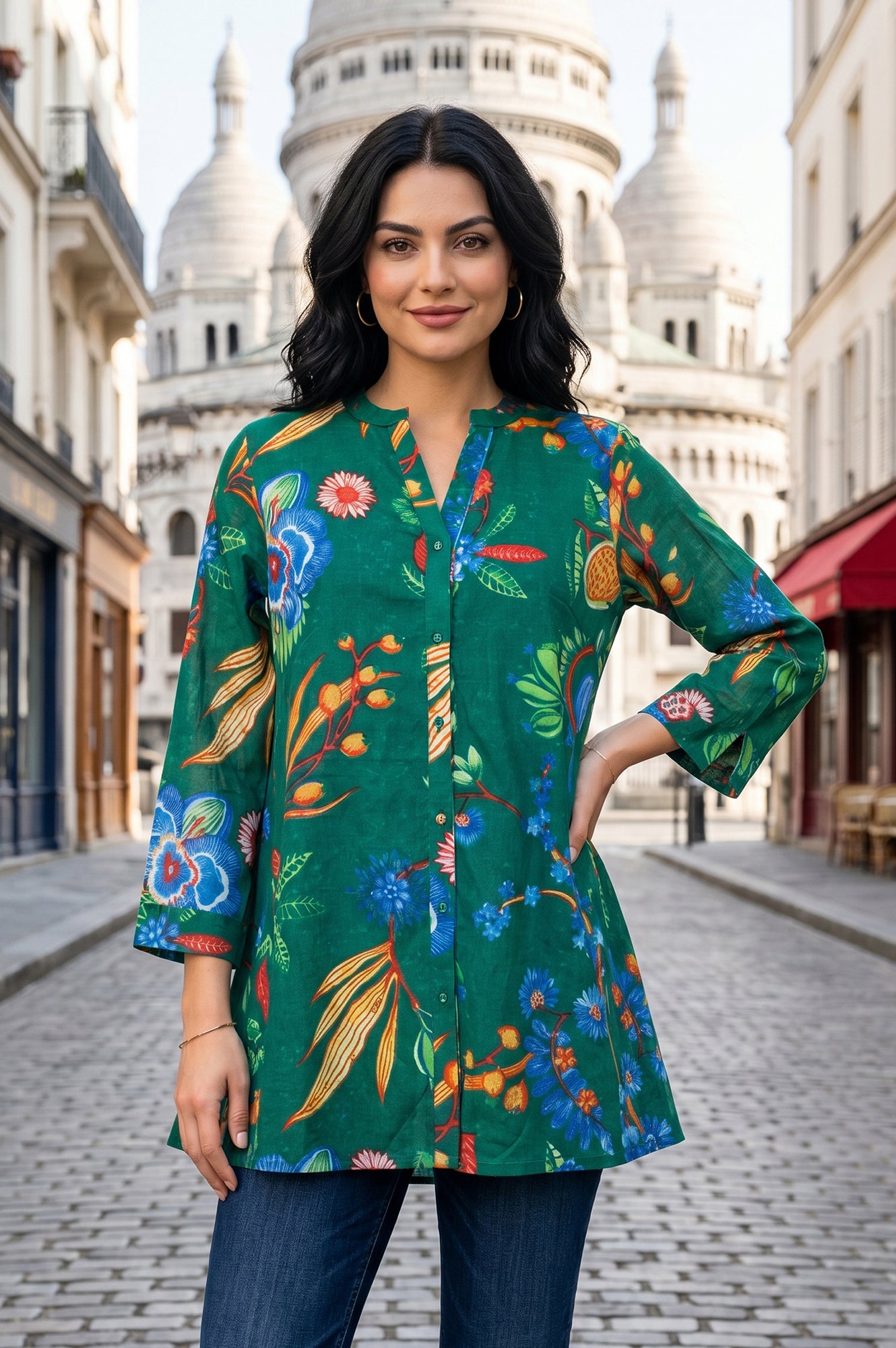 Green Floral Printed Pure Cotton A-line Tunic
