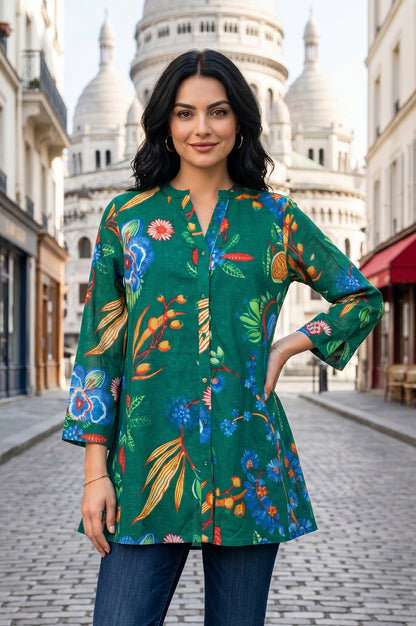Green Floral Printed Pure Cotton A-line Tunic