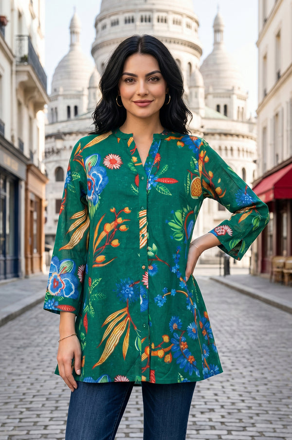 Green Floral Printed Pure Cotton A-line Tunic