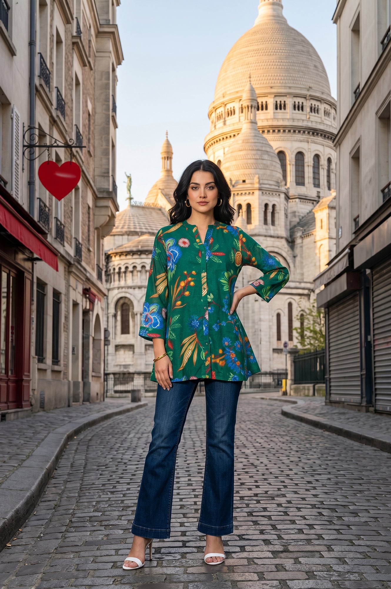 Green Floral Printed Pure Cotton A-line Tunic