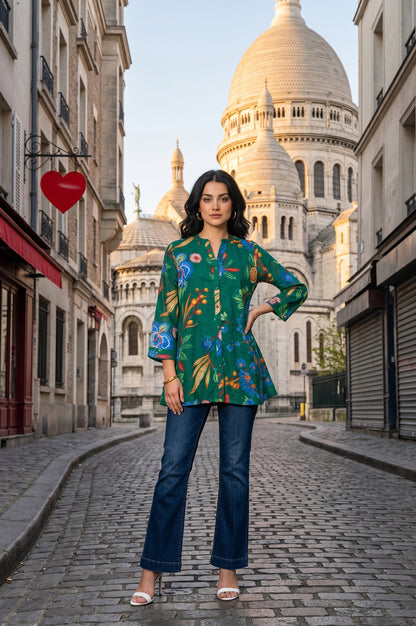 Green Floral Printed Pure Cotton A-line Tunic