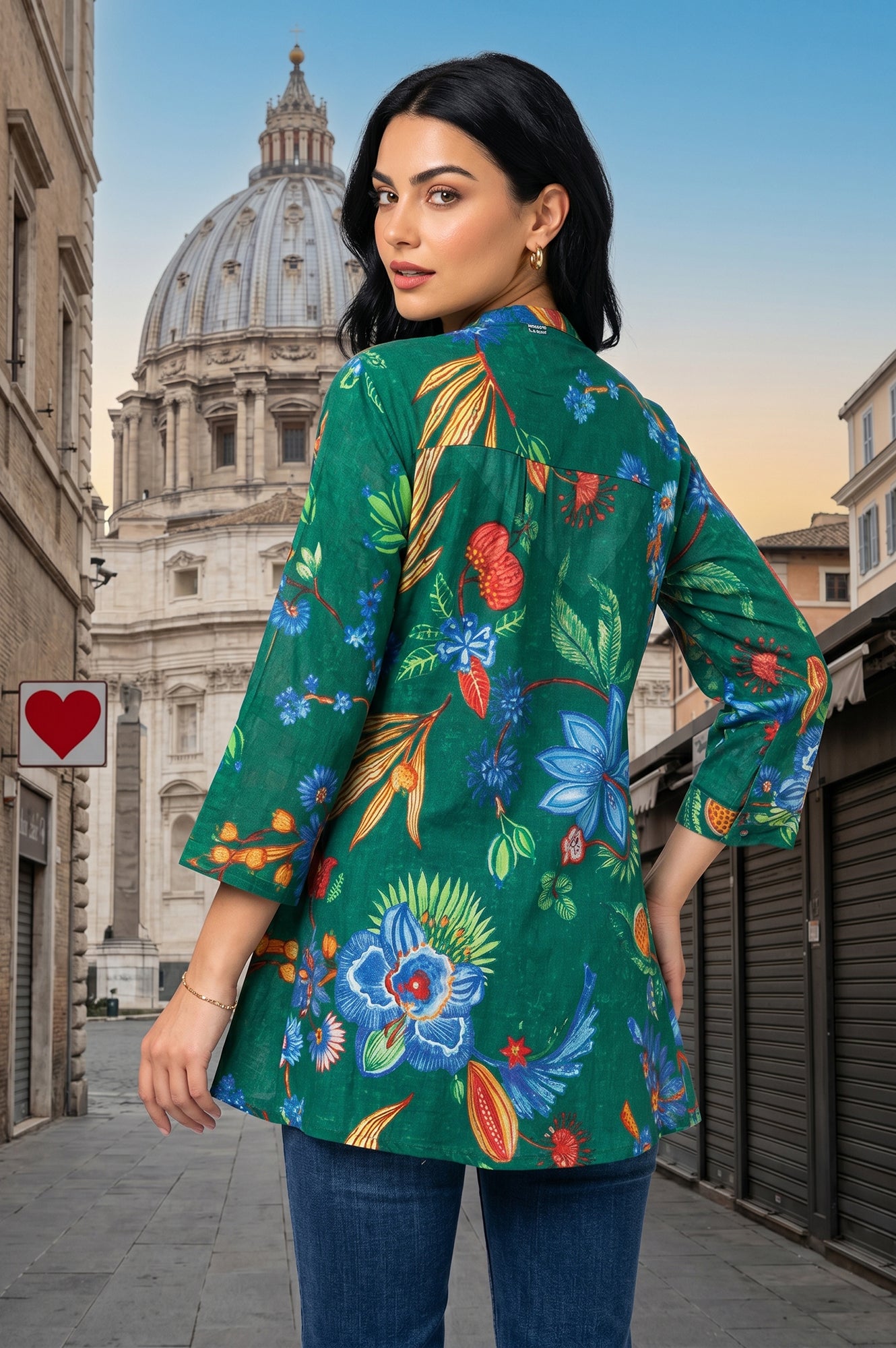 Green Floral Printed Pure Cotton A-line Tunic