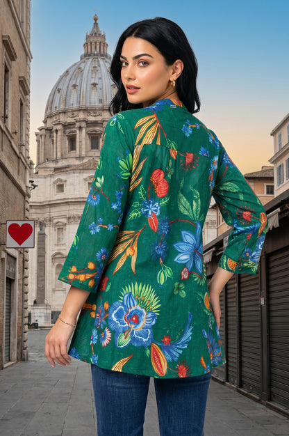 Green Floral Printed Pure Cotton A-line Tunic