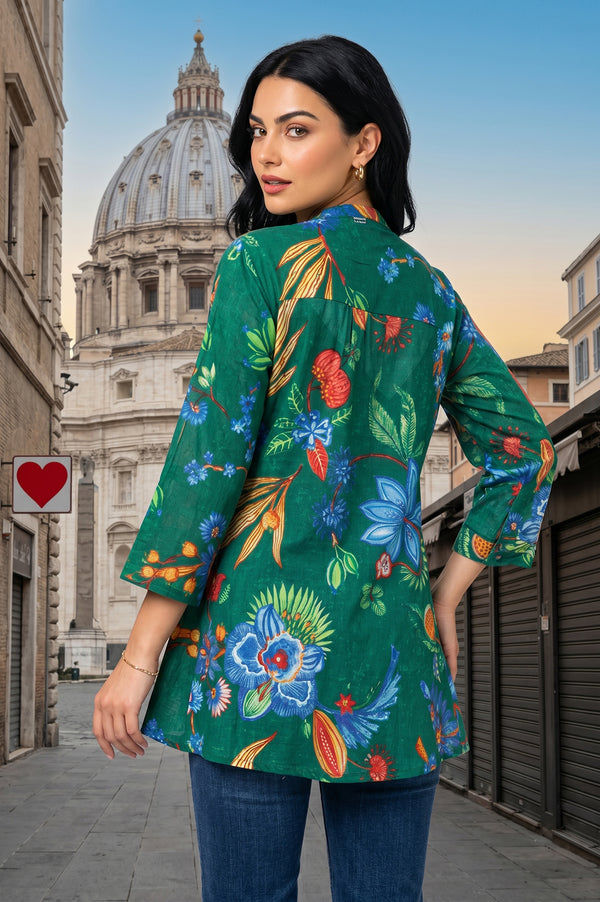 Green Floral Printed Pure Cotton A-line Tunic