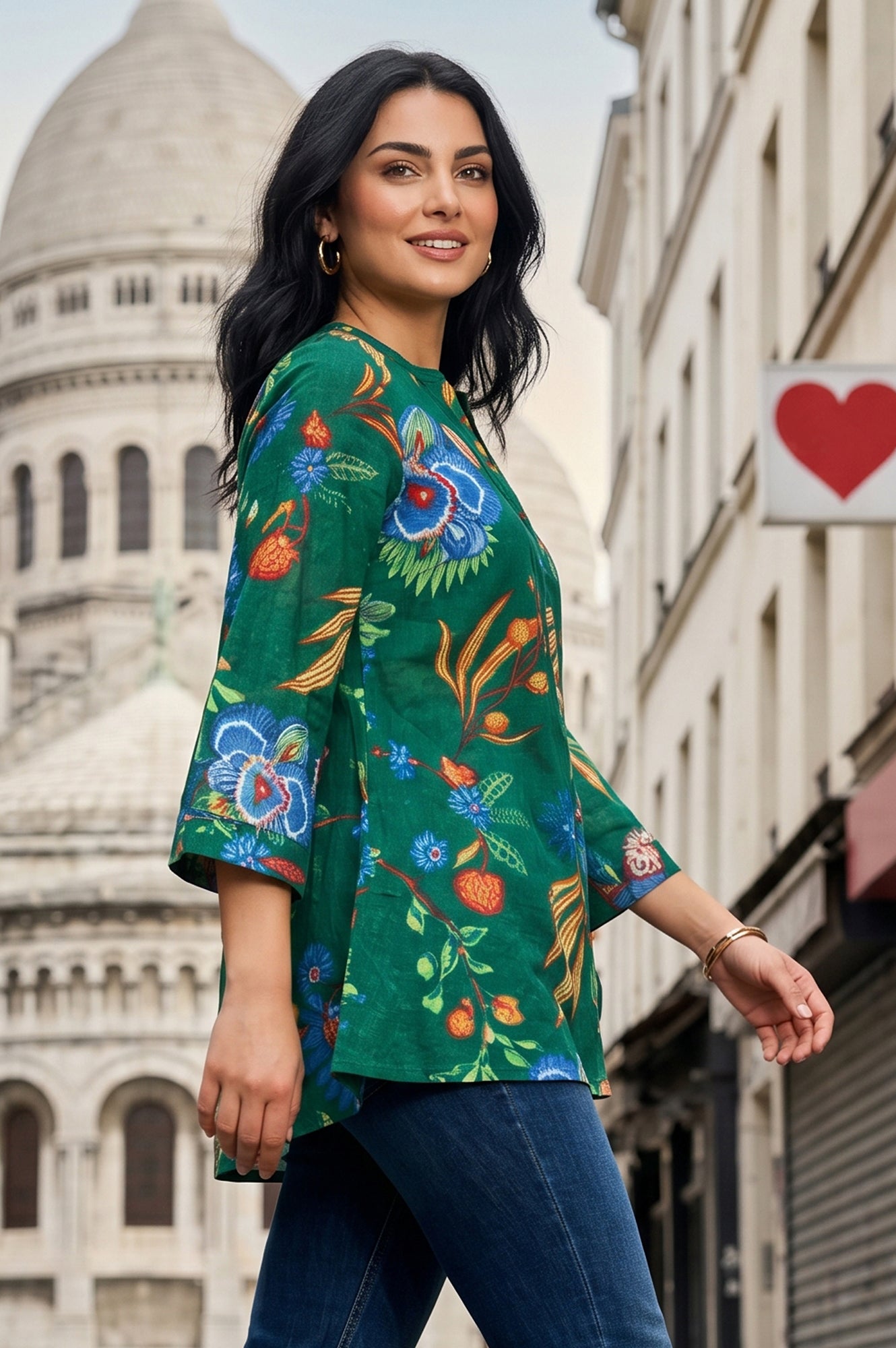 Green Floral Printed Pure Cotton A-line Tunic