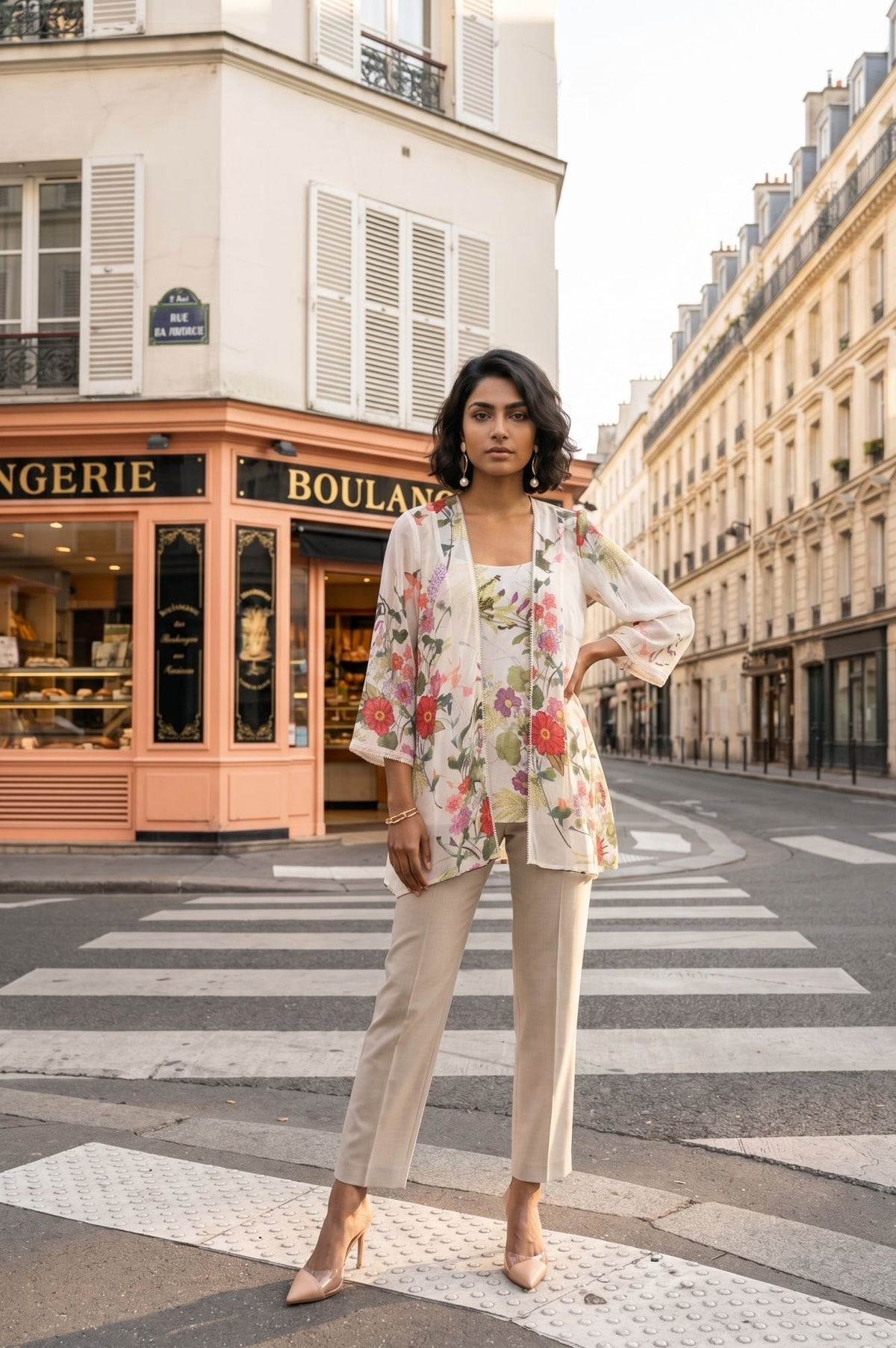 Off White Floral Printed Lace Chiffon Straight Top with Trousers and Jacket Set