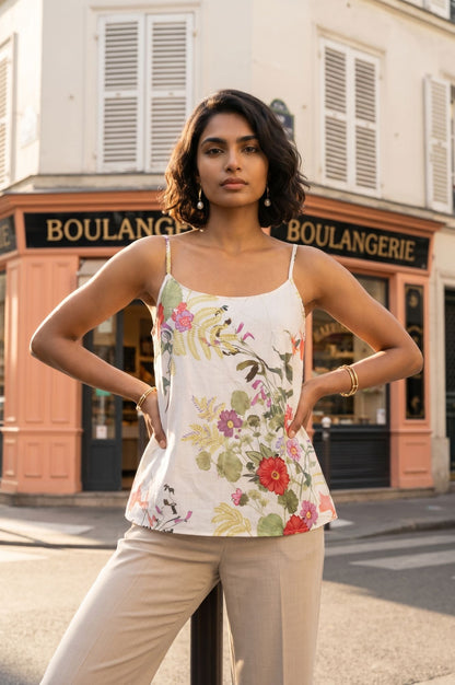 Off White Floral Printed Lace Chiffon Straight Top with Trousers and Jacket Set