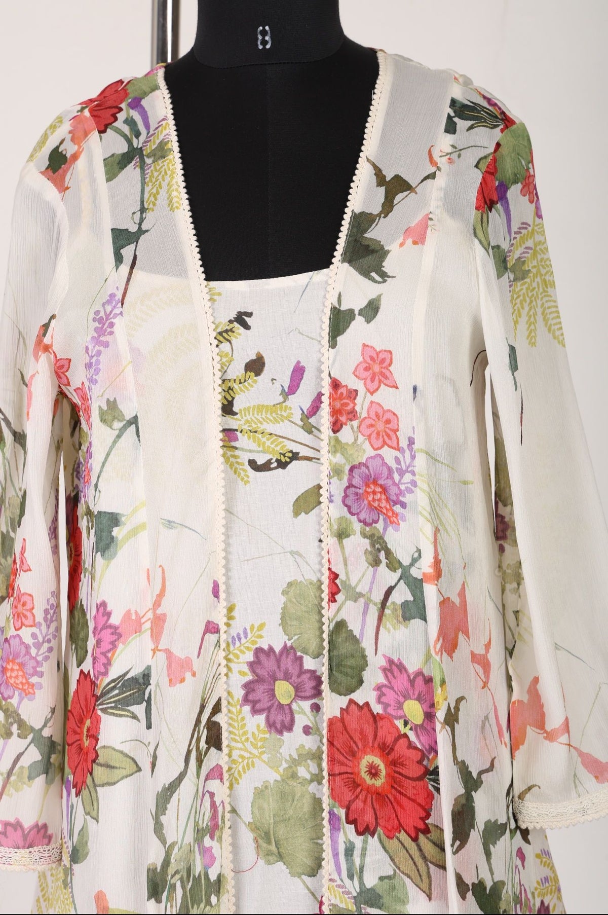 Off White Floral Printed Lace Chiffon Straight Top with Trousers and Jacket Set
