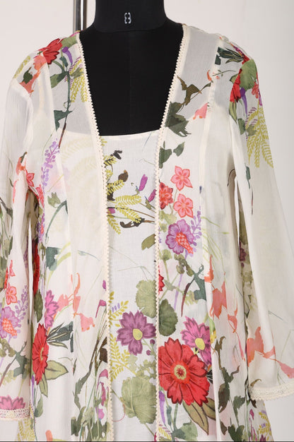 Off White Floral Printed Lace Chiffon Straight Top with Trousers and Jacket Set