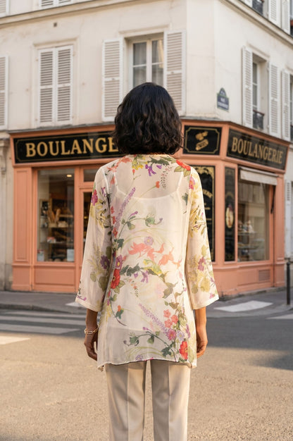 Off White Floral Printed Lace Chiffon Straight Top with Trousers and Jacket Set