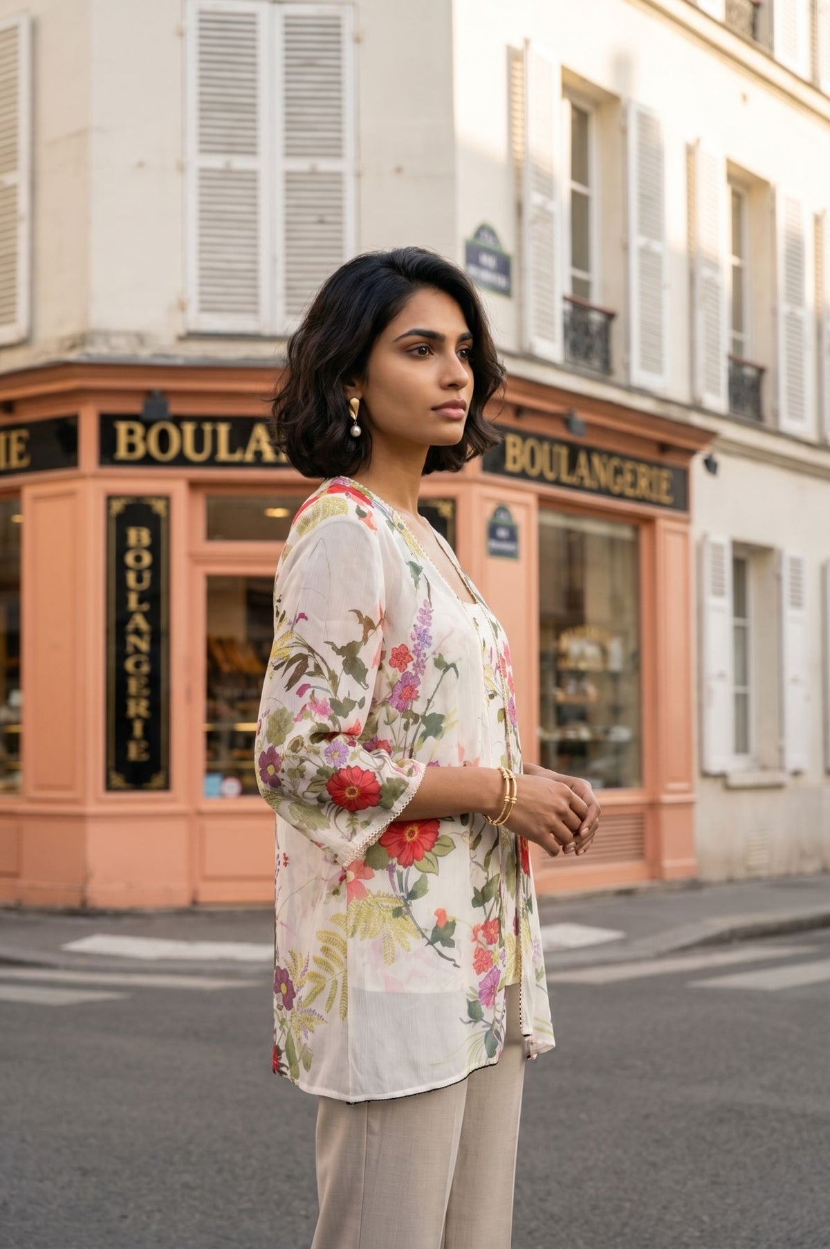 Off White Floral Printed Lace Chiffon Straight Top with Trousers and Jacket Set