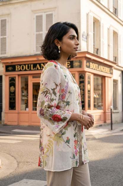 Off White Floral Printed Lace Chiffon Straight Top with Trousers and Jacket Set