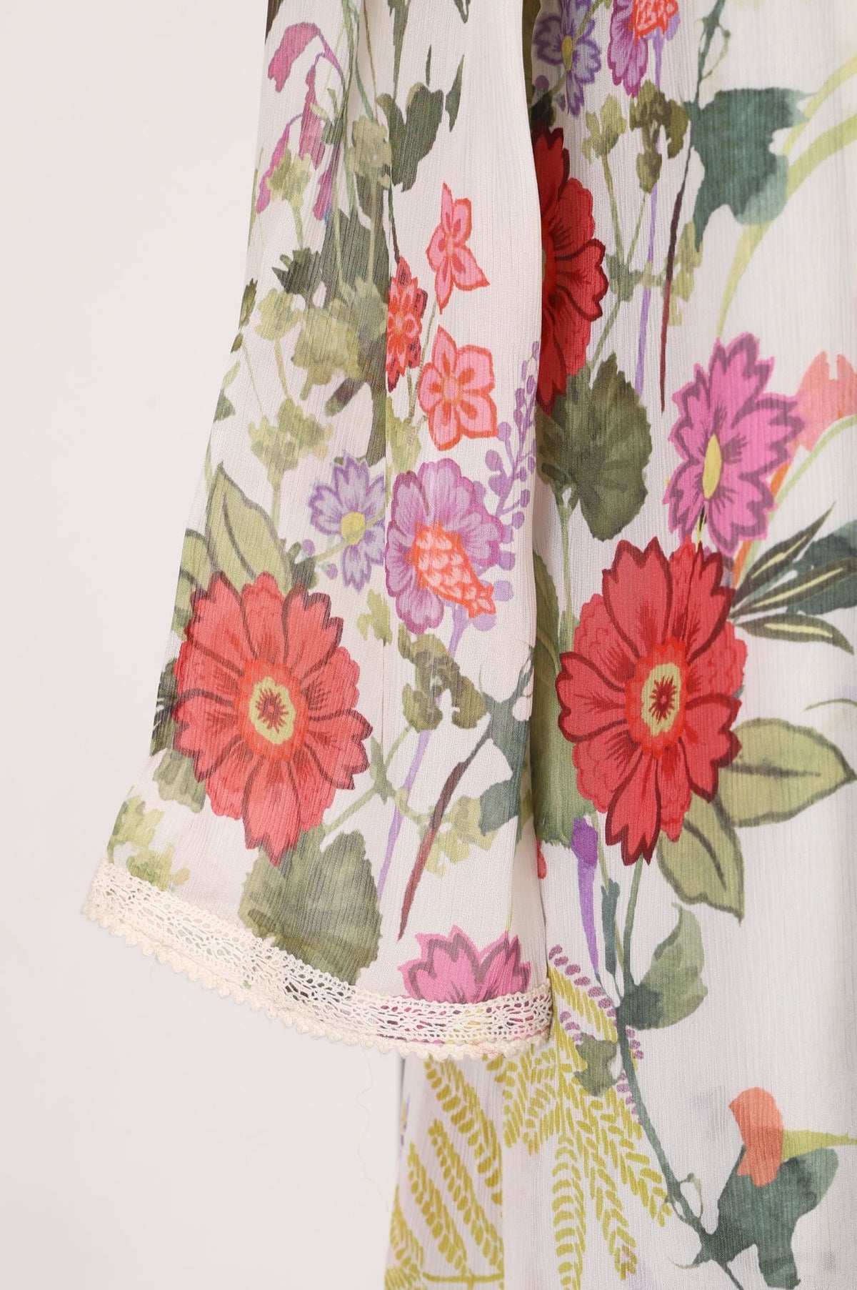 Off White Floral Printed Lace Chiffon Straight Top with Trousers and Jacket Set