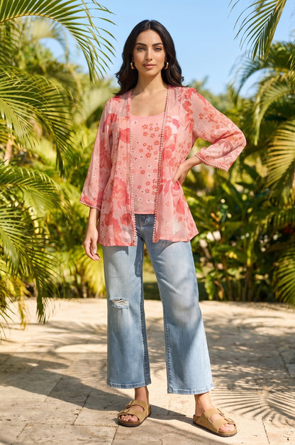 Pink Floral Printed Chiffon Top and Jacket Set