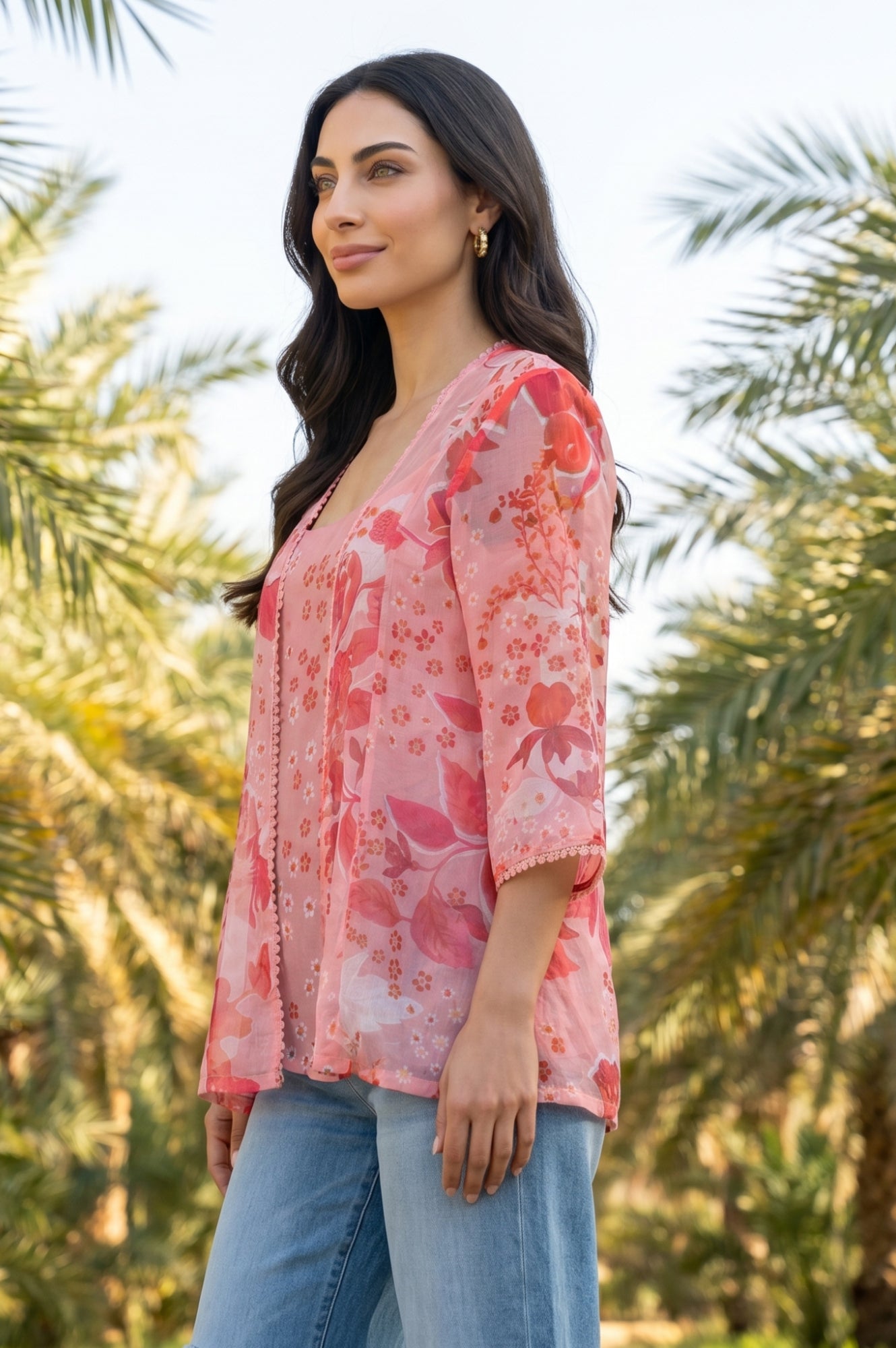 Pink Floral Printed Chiffon Top and Jacket Set