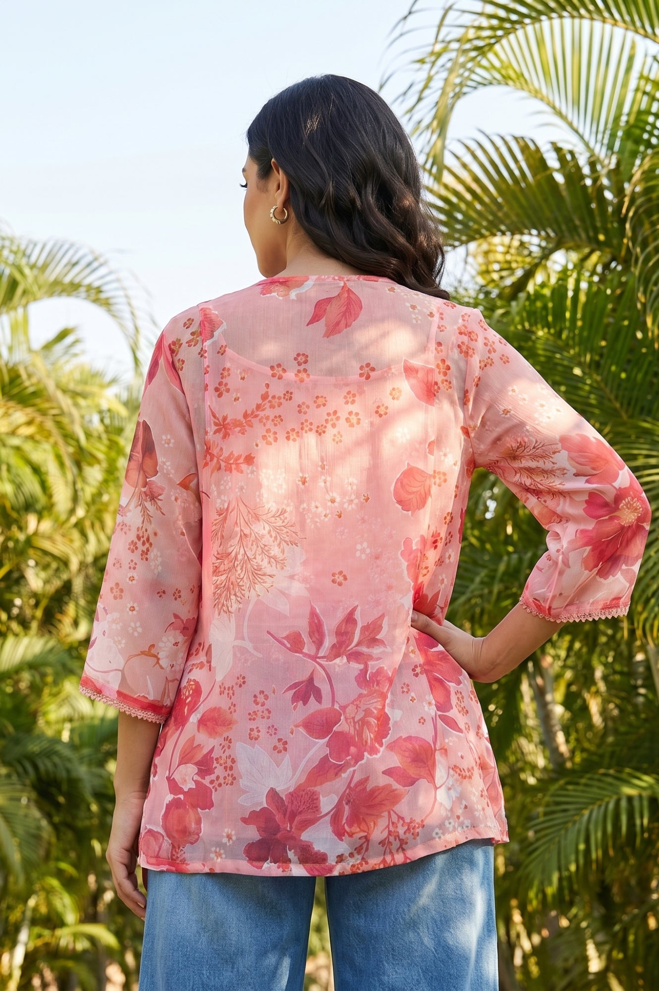 Pink Floral Printed Chiffon Top and Jacket Set