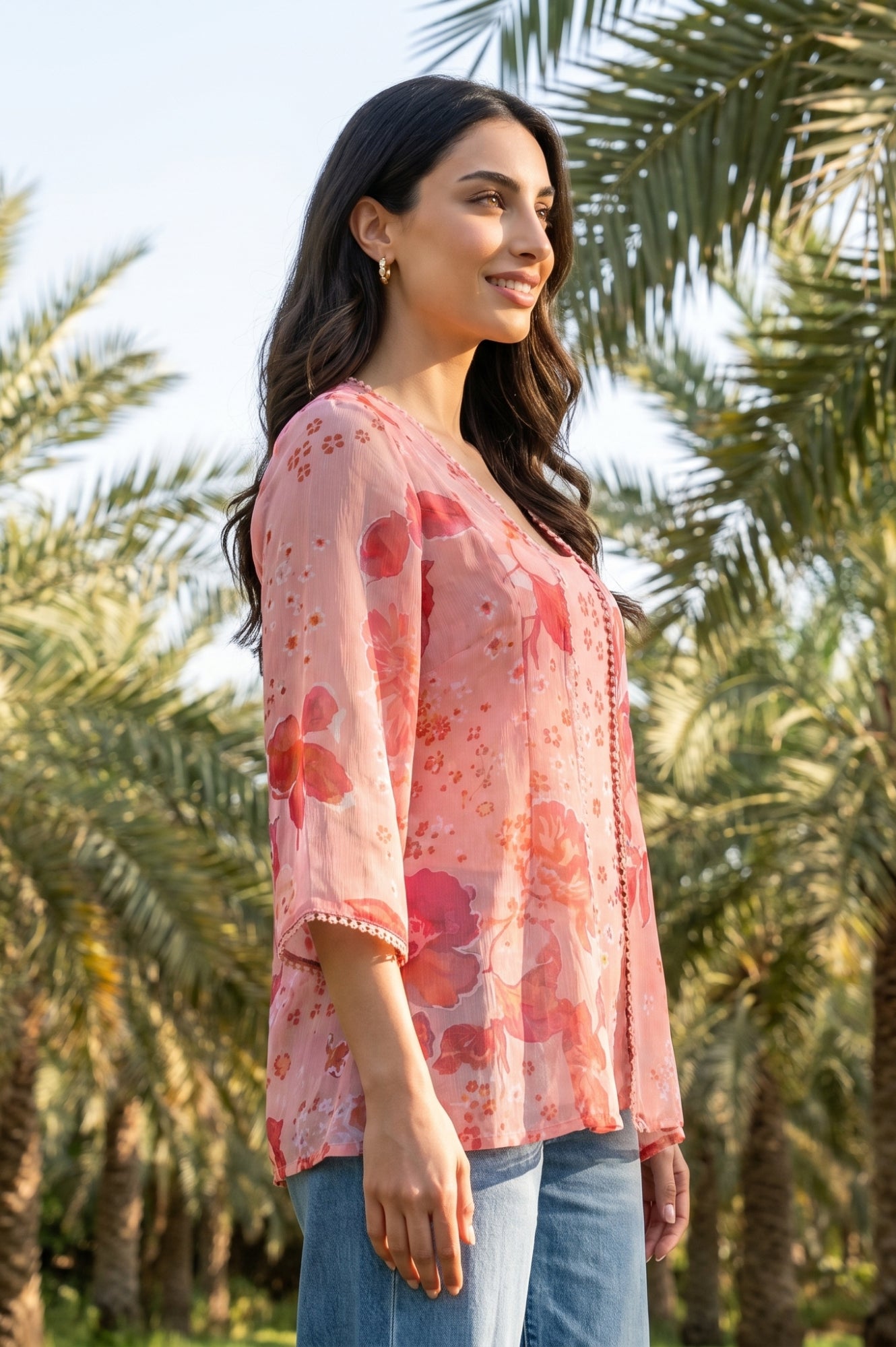 Pink Floral Printed Chiffon Top and Jacket Set
