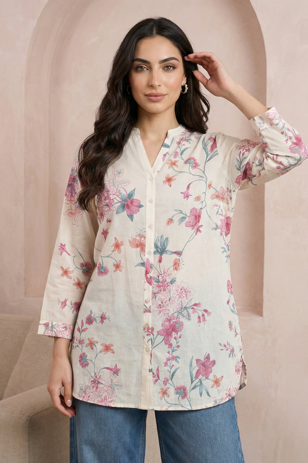 Off White Floral Printed Pure Cotton Straight Tunic