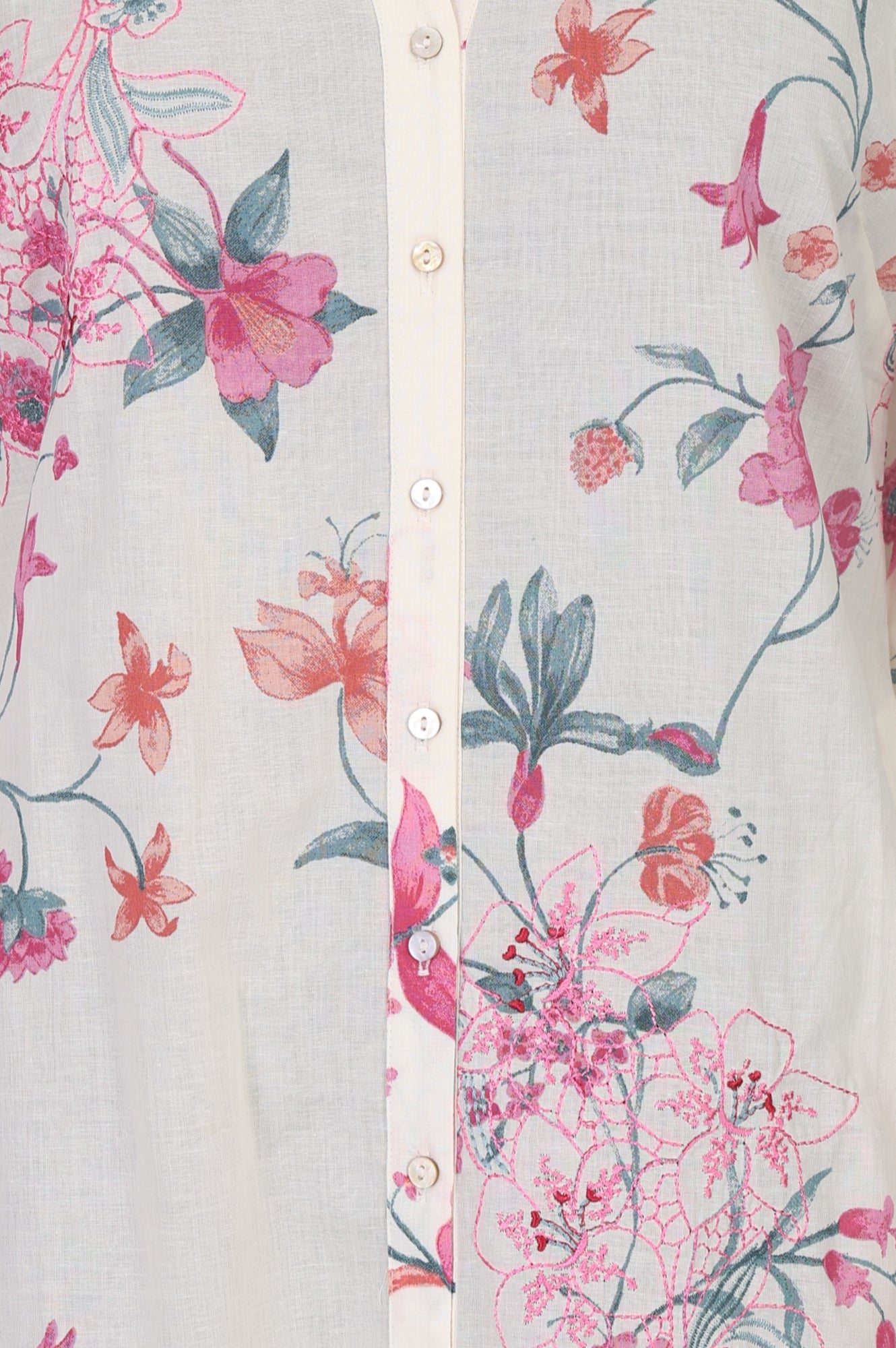 Off White Floral Printed Pure Cotton Straight Tunic