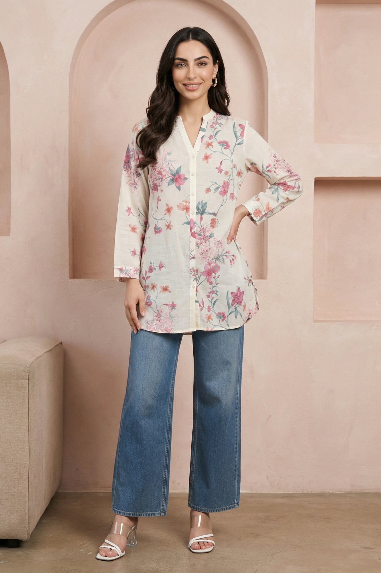 Off White Floral Printed Pure Cotton Straight Tunic