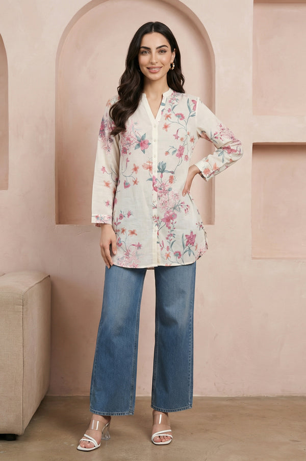 Off White Floral Printed Pure Cotton Straight Tunic