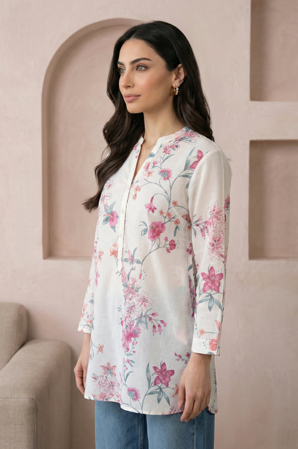 Off White Floral Printed Pure Cotton Straight Tunic