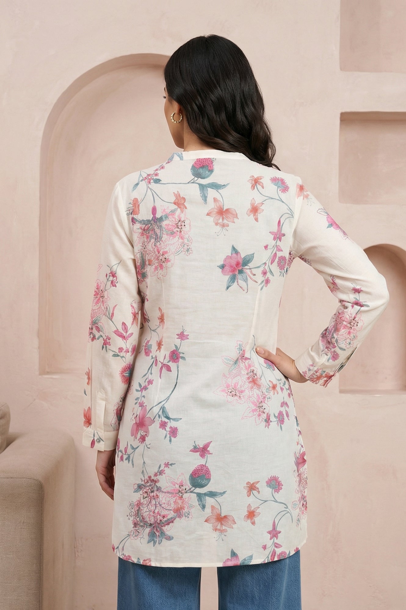 Off White Floral Printed Pure Cotton Straight Tunic