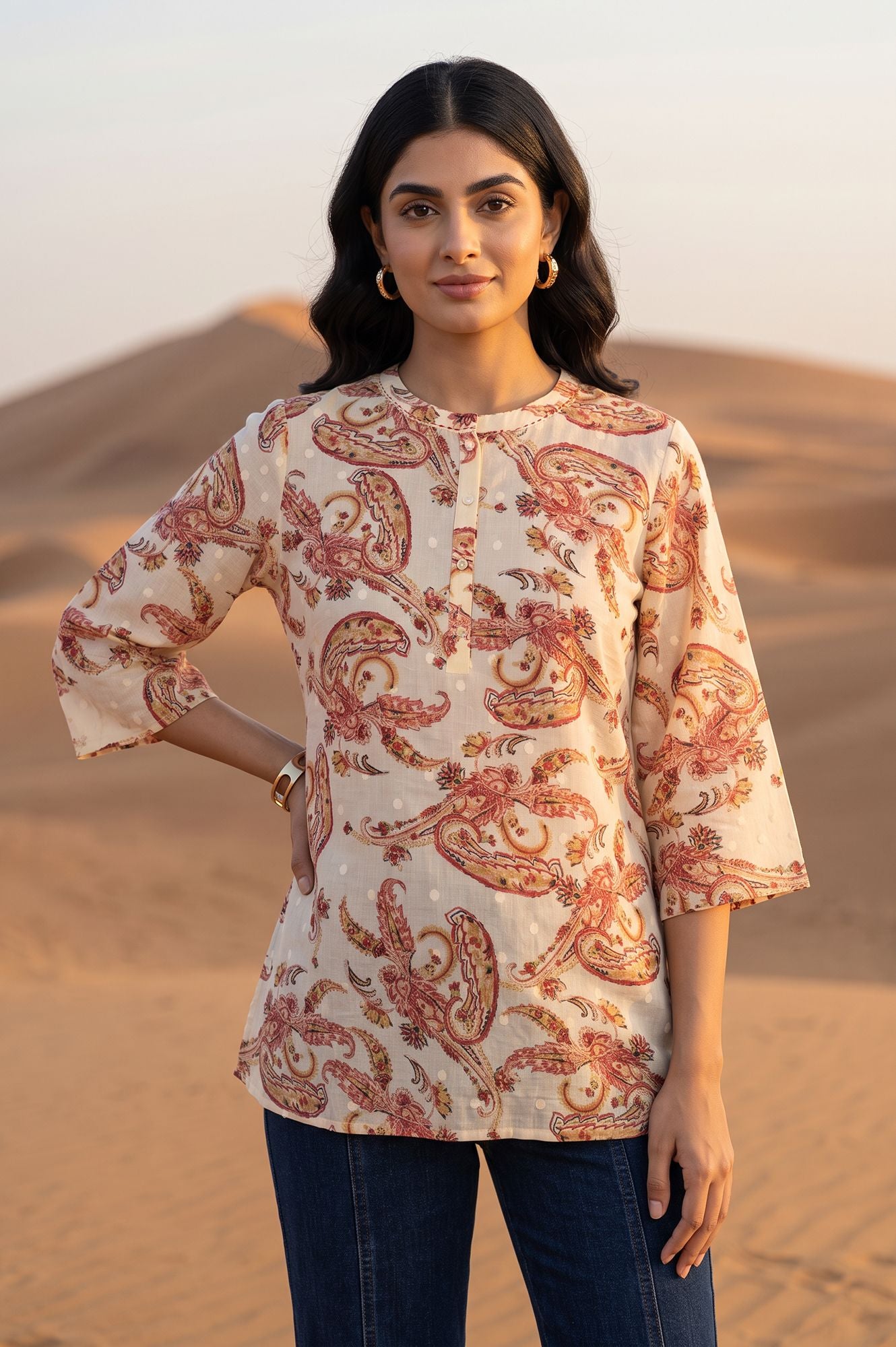 Off White Paisley Printed Pure Cotton Straight Top