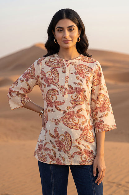 Off White Paisley Printed Pure Cotton Straight Top