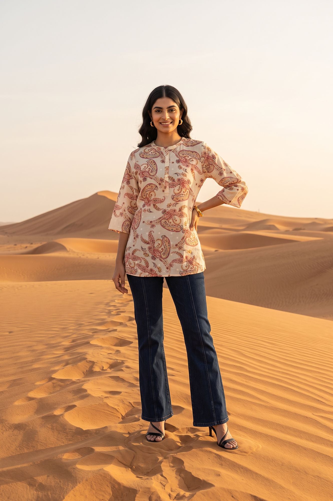 Off White Paisley Printed Pure Cotton Straight Top