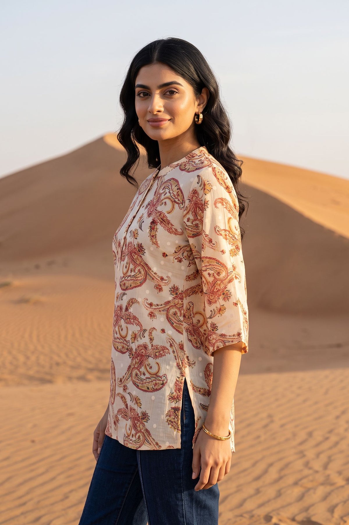 Off White Paisley Printed Pure Cotton Straight Top