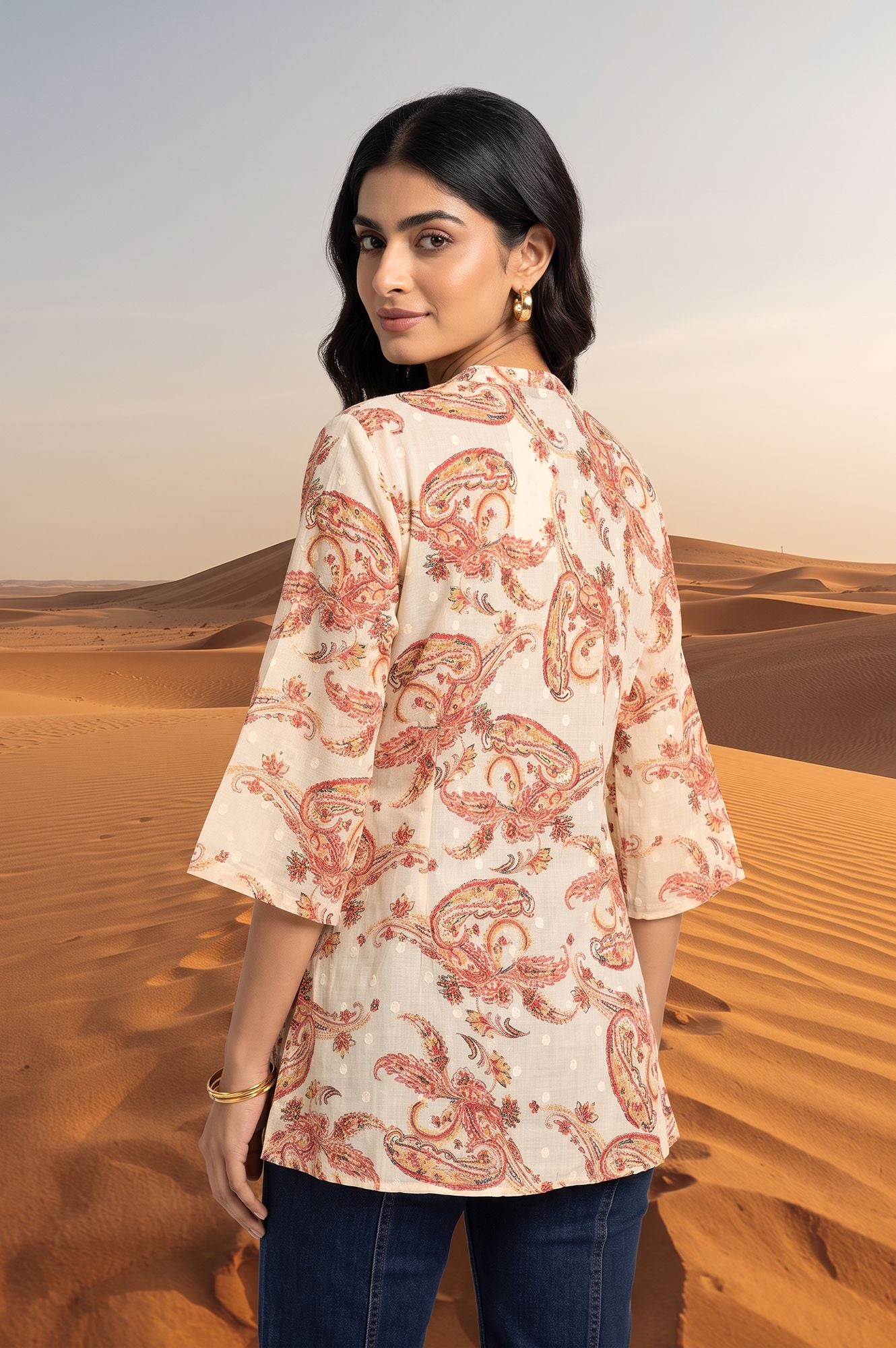 Off White Paisley Printed Pure Cotton Straight Top