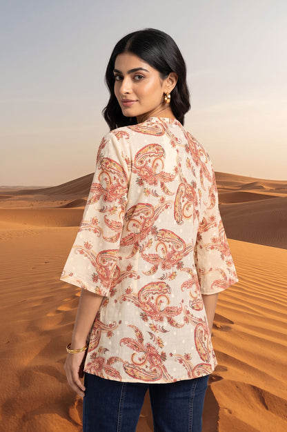 Off White Paisley Printed Pure Cotton Straight Top