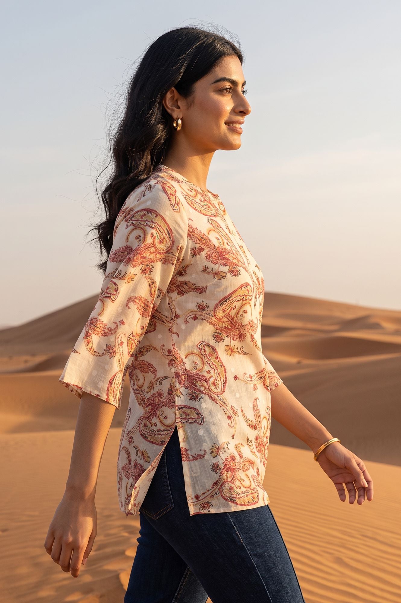 Off White Paisley Printed Pure Cotton Straight Top
