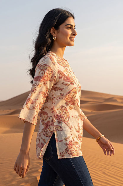 Off White Paisley Printed Pure Cotton Straight Top