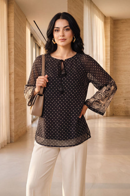 Black Geometric Printed Embroidered Organza Straight Top
