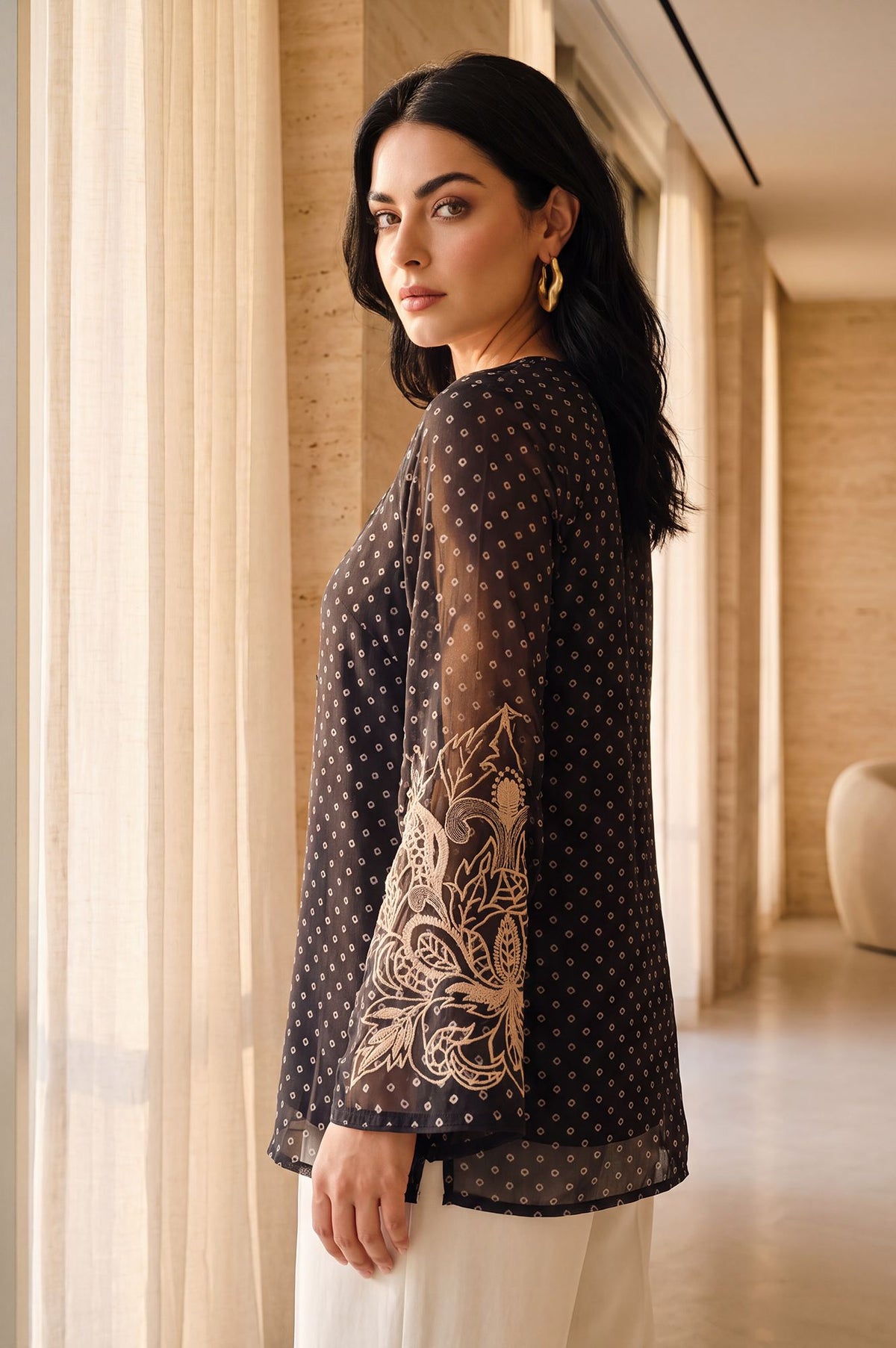 Black Geometric Printed Embroidered Organza Straight Top
