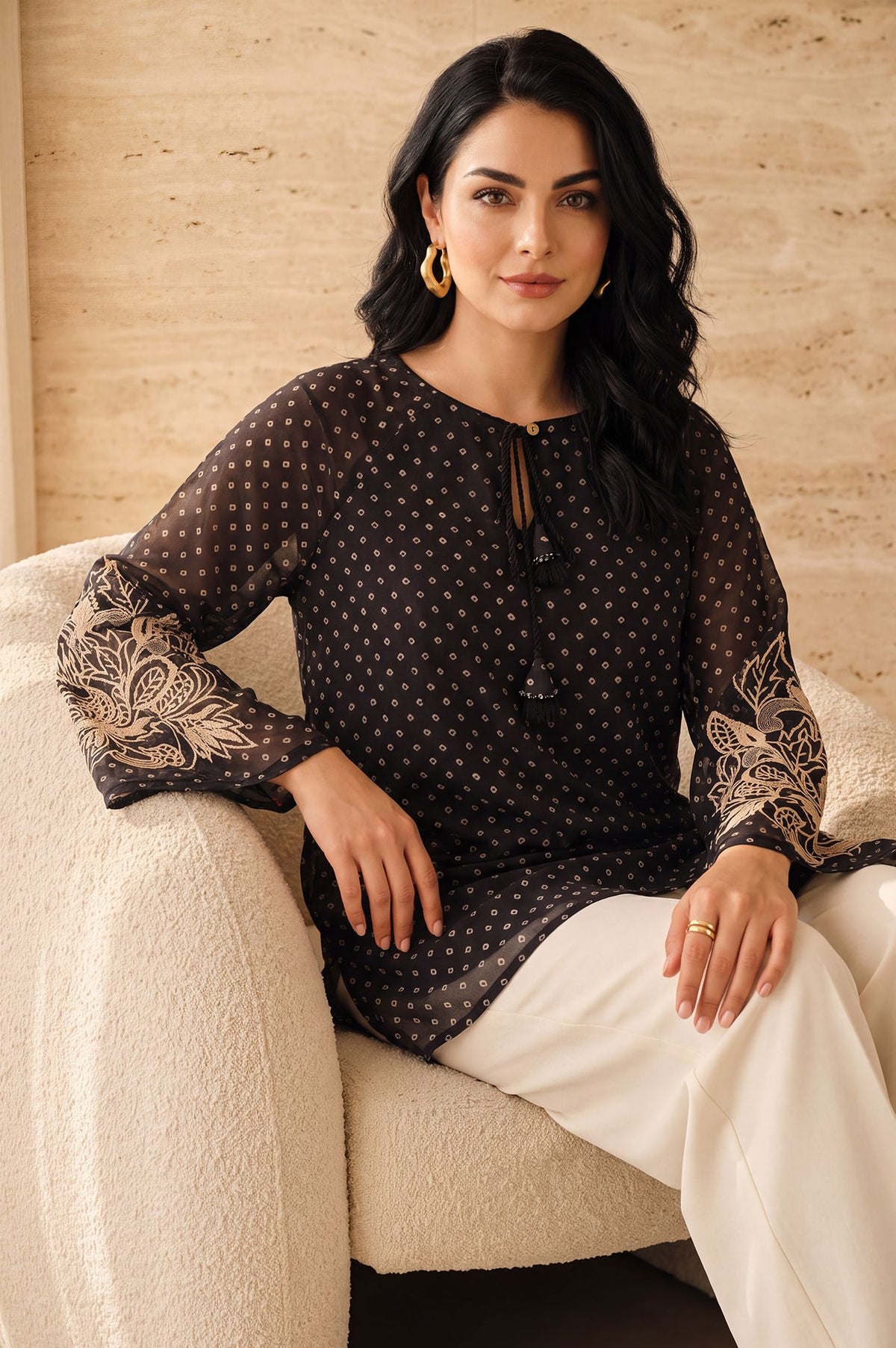 Black Geometric Printed Embroidered Organza Straight Top