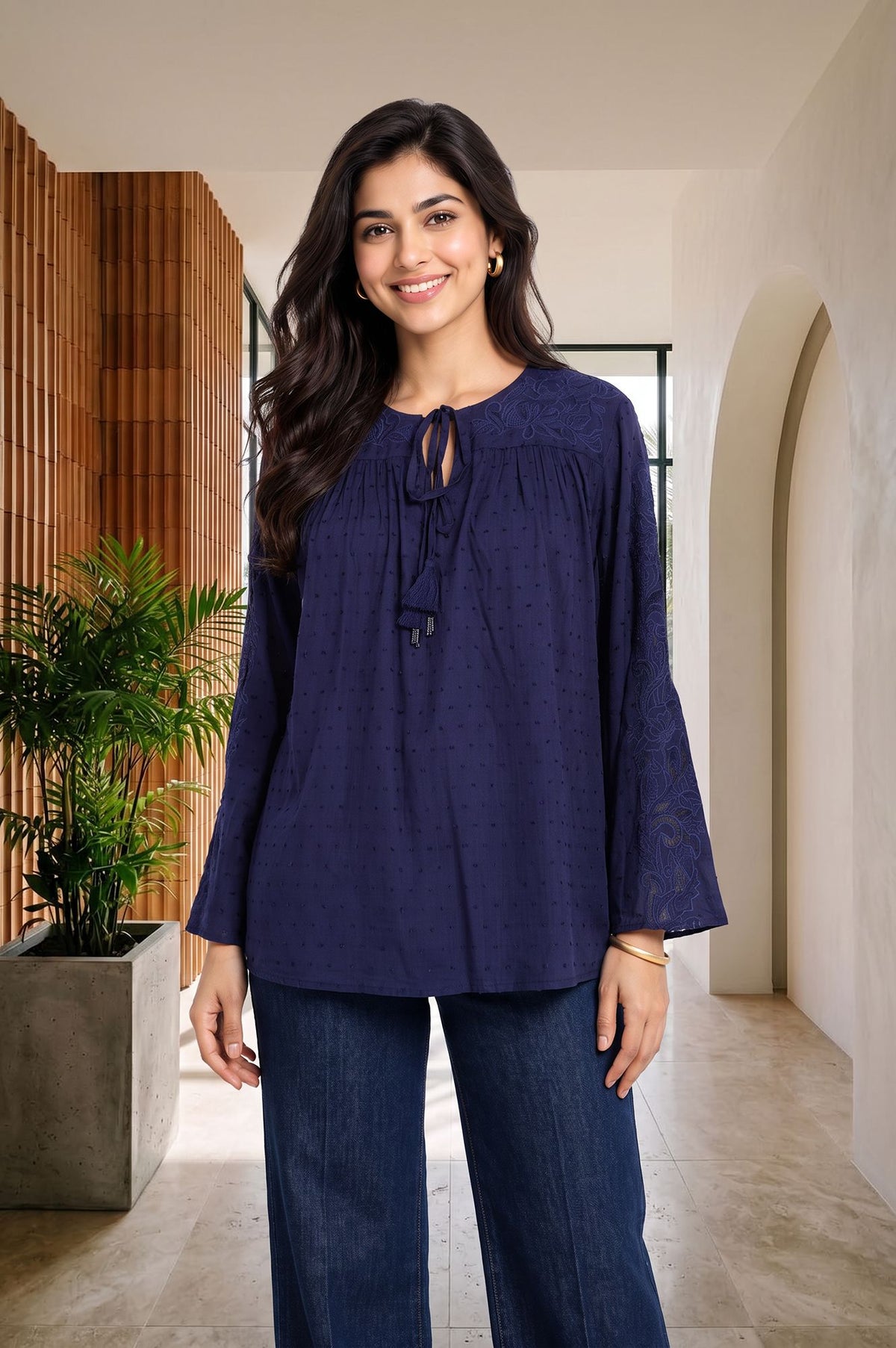 Navy Blue Textured Embroidered Rayon Straight Top
