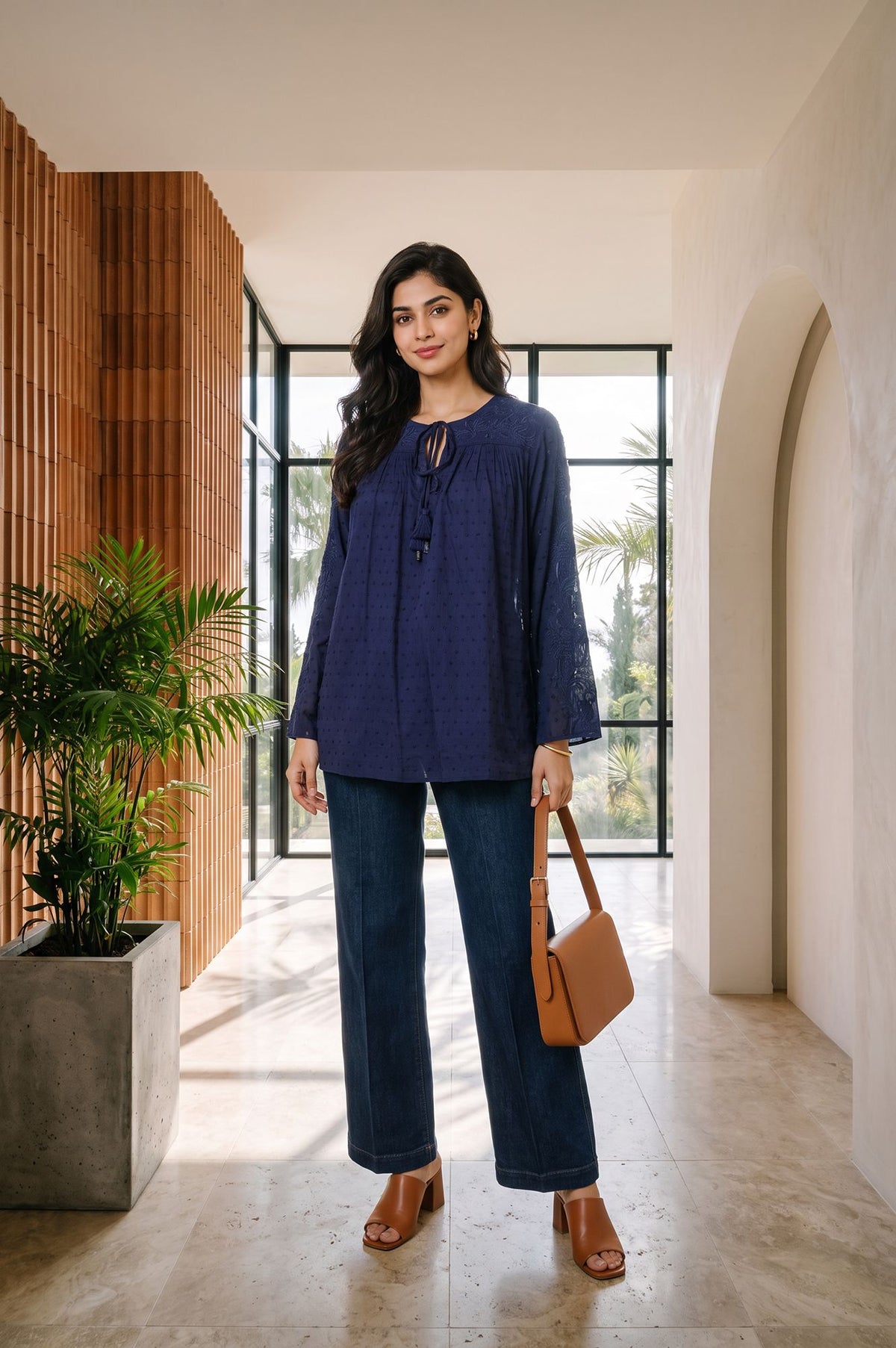 Navy Blue Textured Embroidered Rayon Straight Top