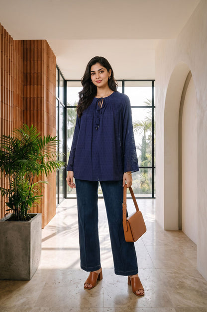 Navy Blue Textured Embroidered Rayon Straight Top