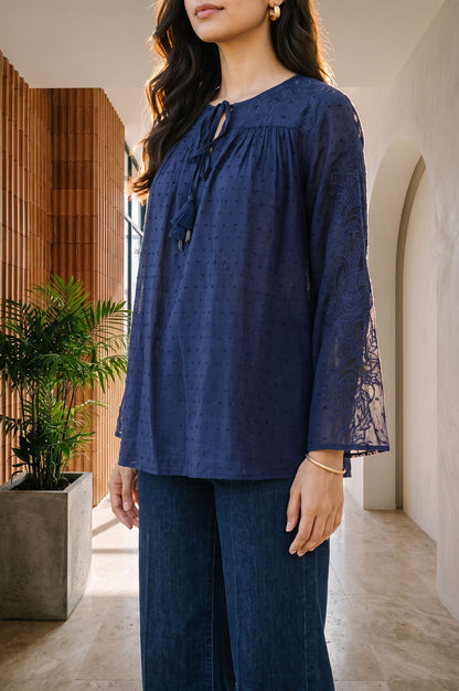 Navy Blue Textured Embroidered Rayon Straight Top